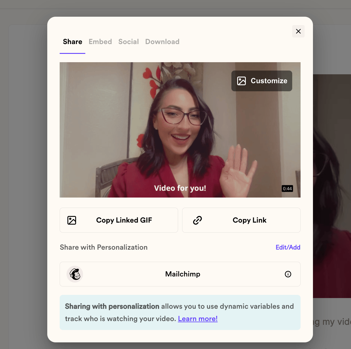Copy share snippet for mailchimp