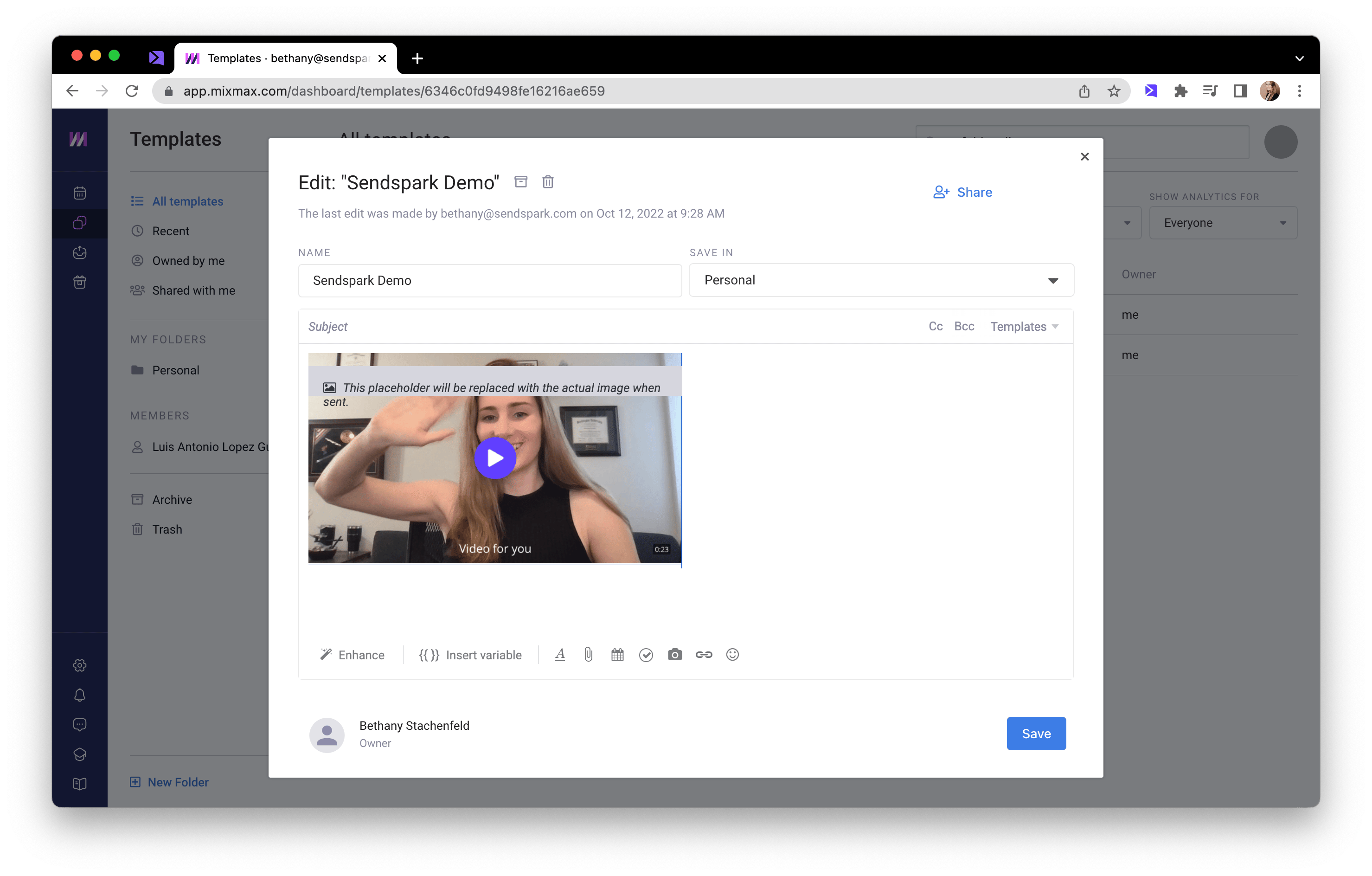 Paste video into a Mixmax template