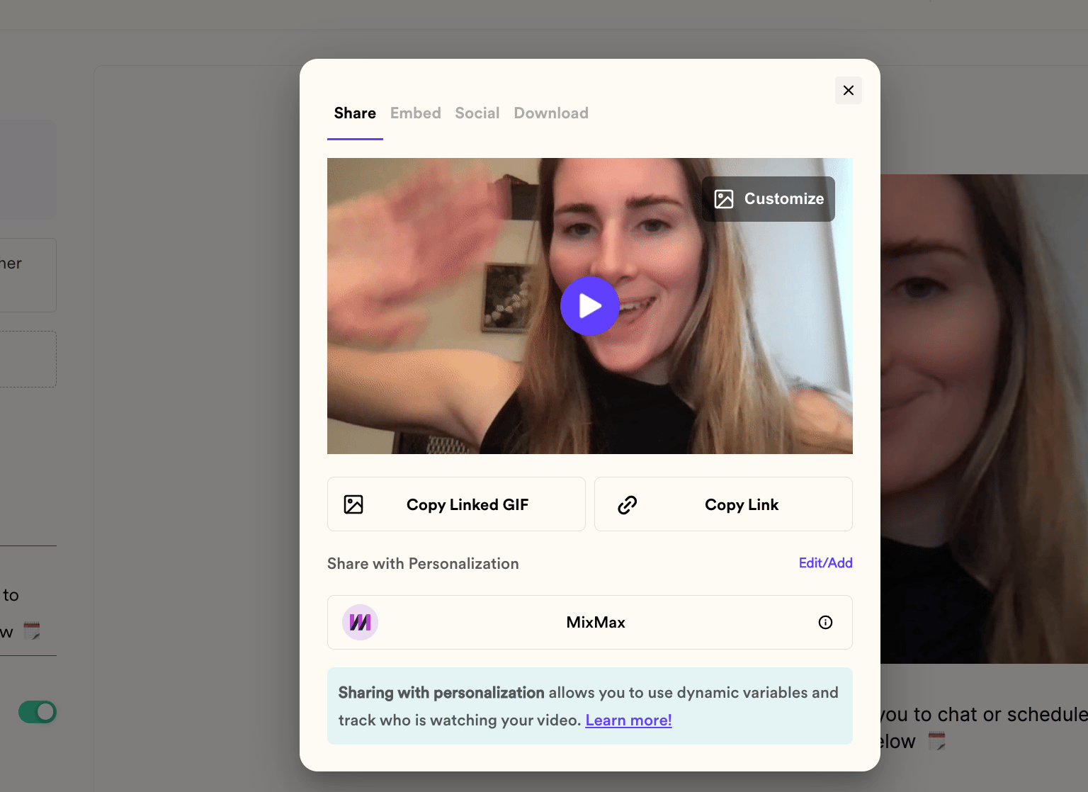 Copy video share snippet for Mixmax