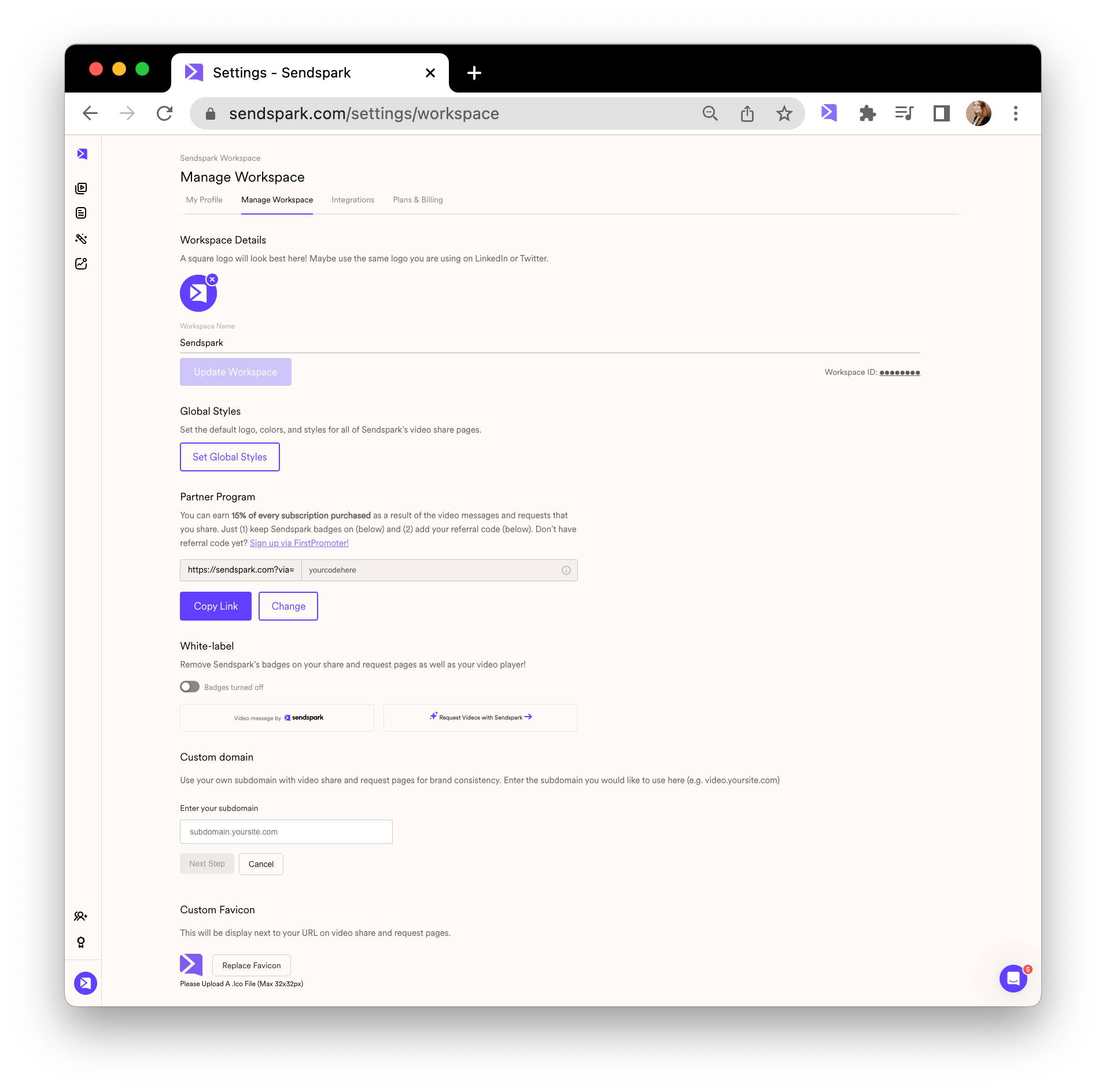 Workspace Settings panel showing branding and customization options