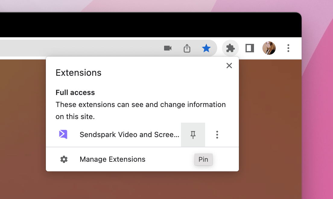 Chrome extensions menu with puzzle piece icon and Sendspark pin option
