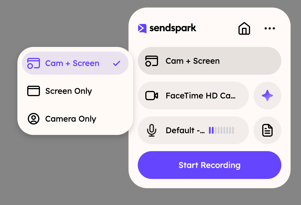Sendspark extension recording type menu with Cam + Screen, Screen Only, Camera Only