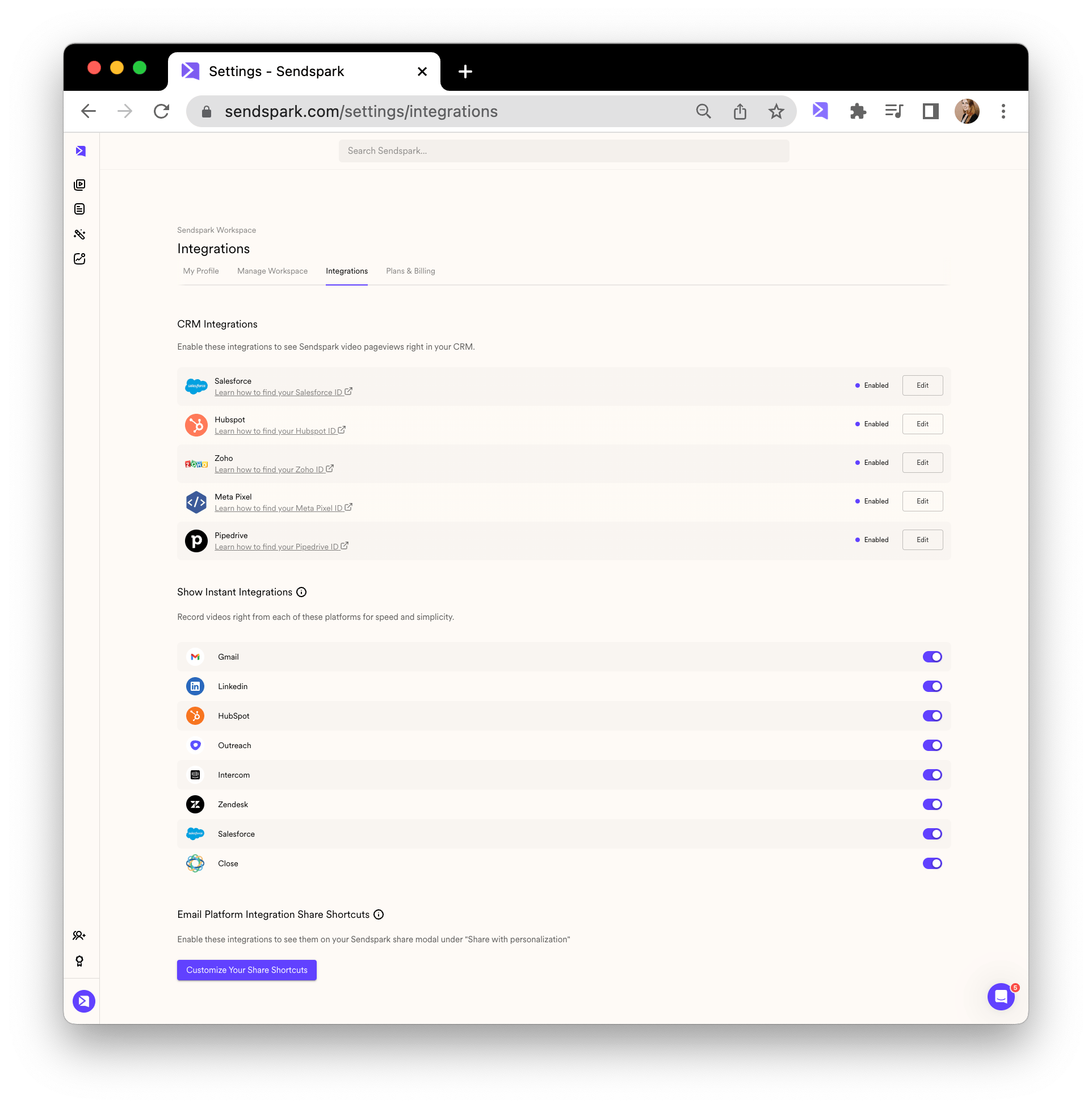 Integration settings page with CRM and platform connection options