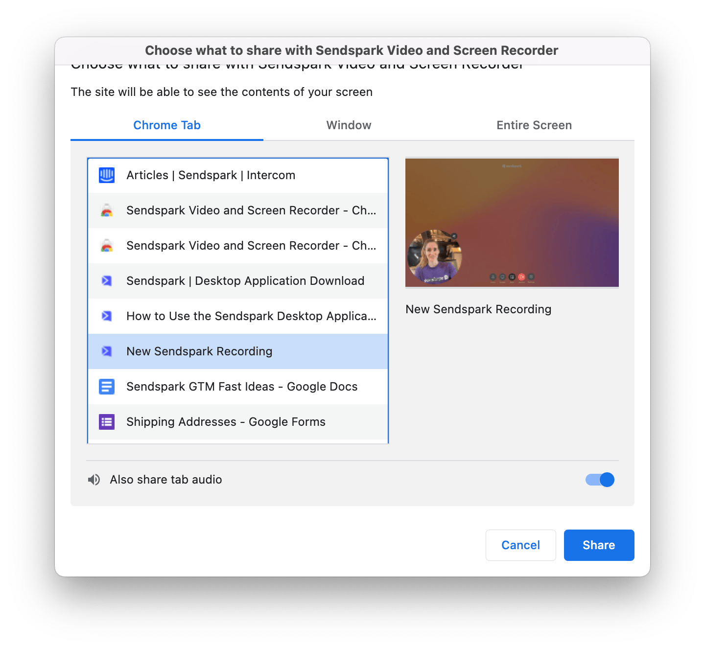 Screen recording selection dialog with Chrome Tab, Window, Entire Screen options
