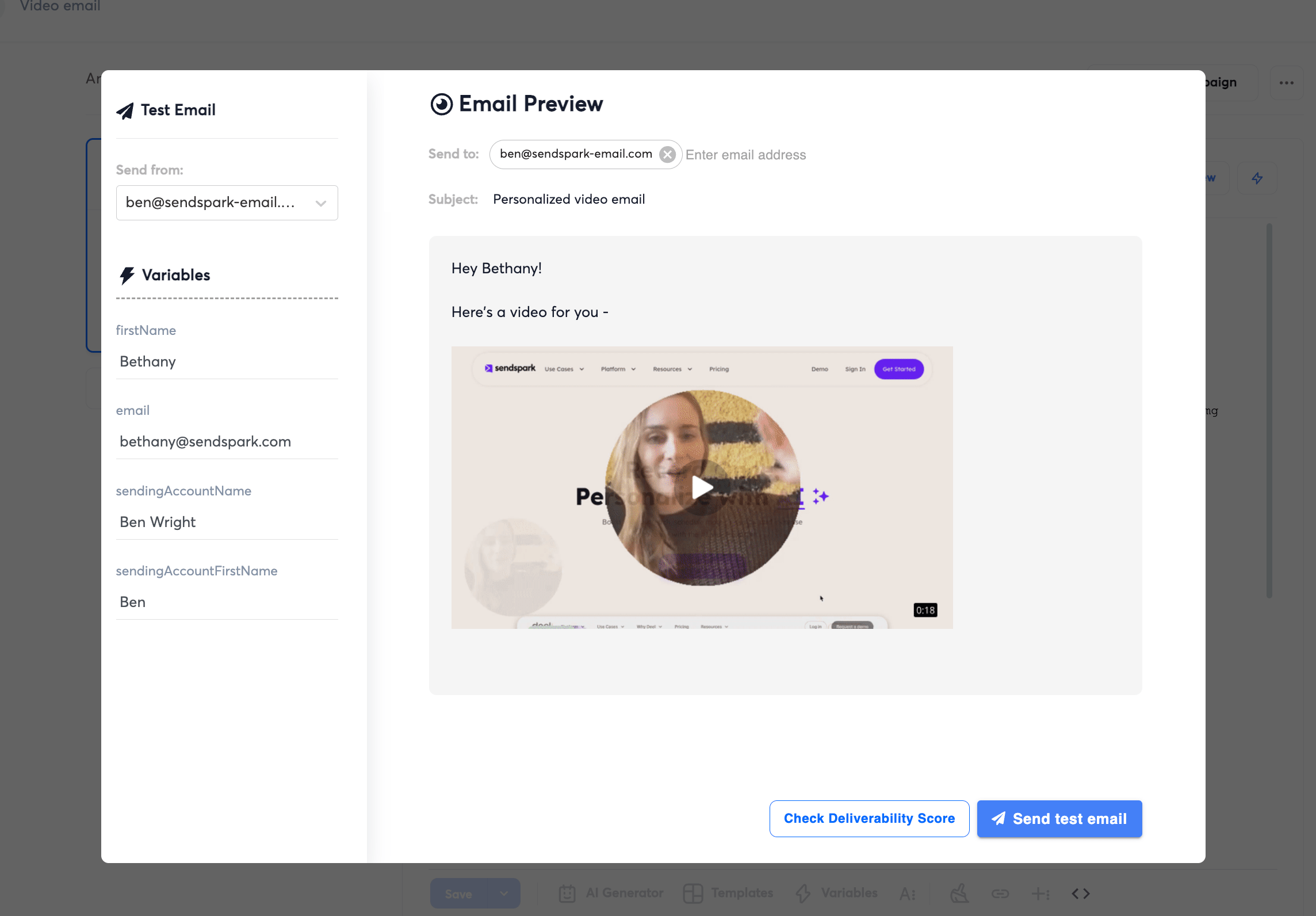 Instantly email preview window displaying personalized video for specific lead contact