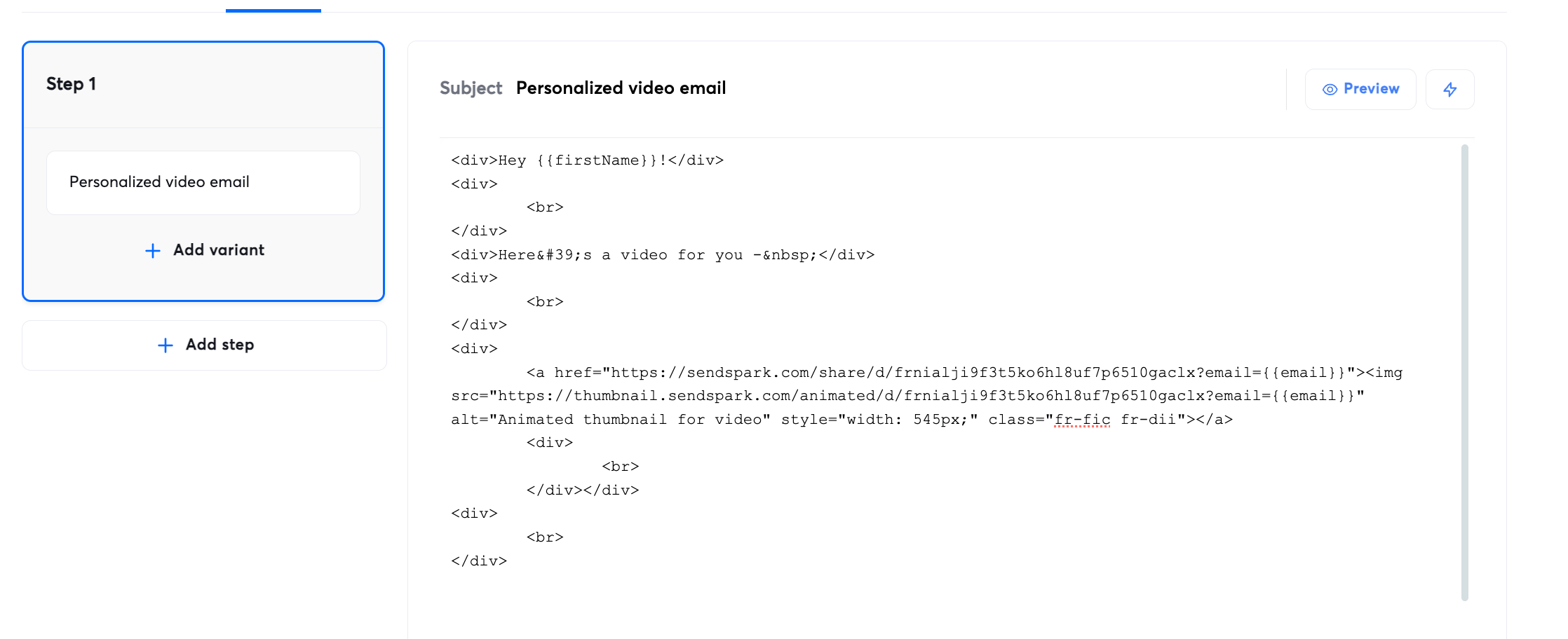 Instantly email editor in Code View with Sendspark dynamic video snippet pasted
