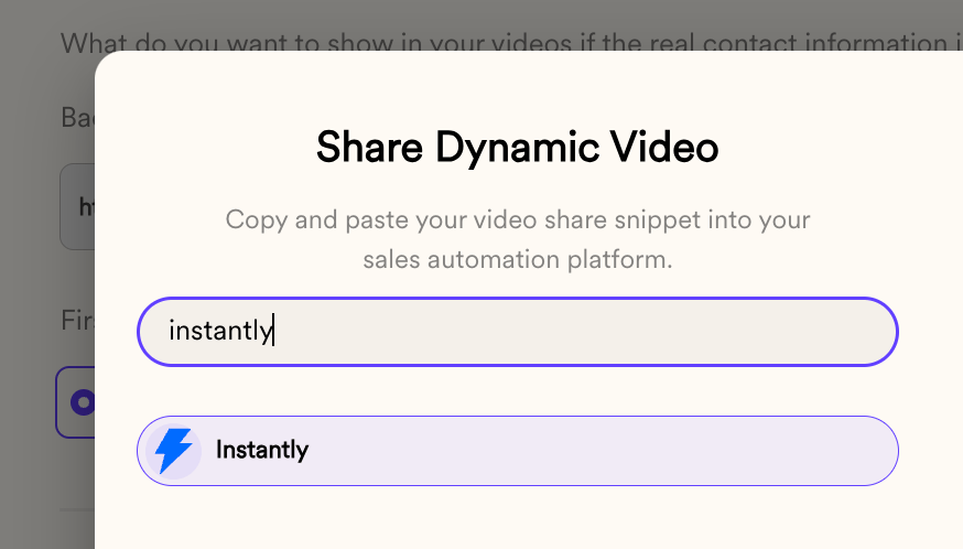 Sendspark Share Campaign dialog with Instantly integration option highlighted