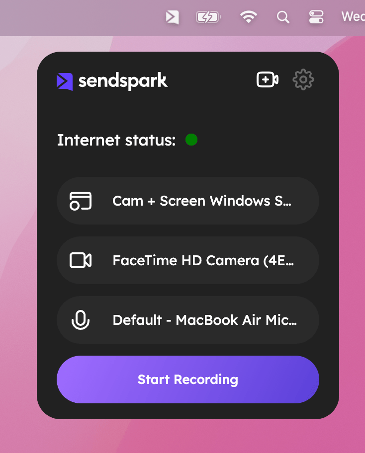 Sendspark desktop app main screen with Recording Type, Camera Input, and Mic Input options