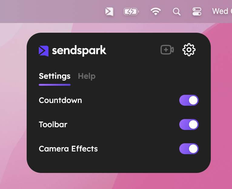 Settings panel with Countdown, Toolbar, and Camera Effects toggles and adjustments