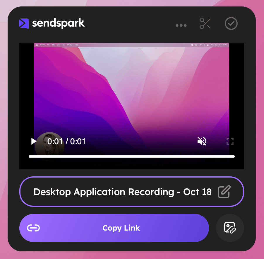 Video editing and sharing panel with Rename, Copy Link, Edit, and Close options