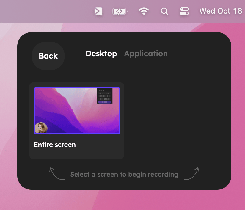 Screen selection dialog with Desktop and Application recording options available