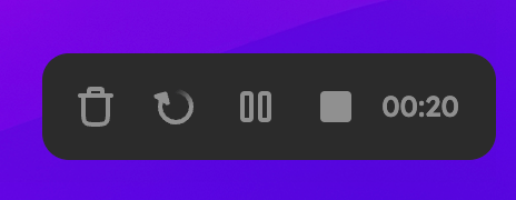 Recording toolbar displaying Stop, Trash, Restart, and Pause button controls
