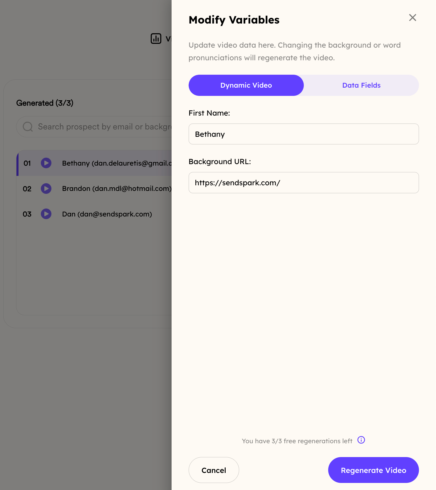 Sendspark video generation panel with Generate Video button at bottom
