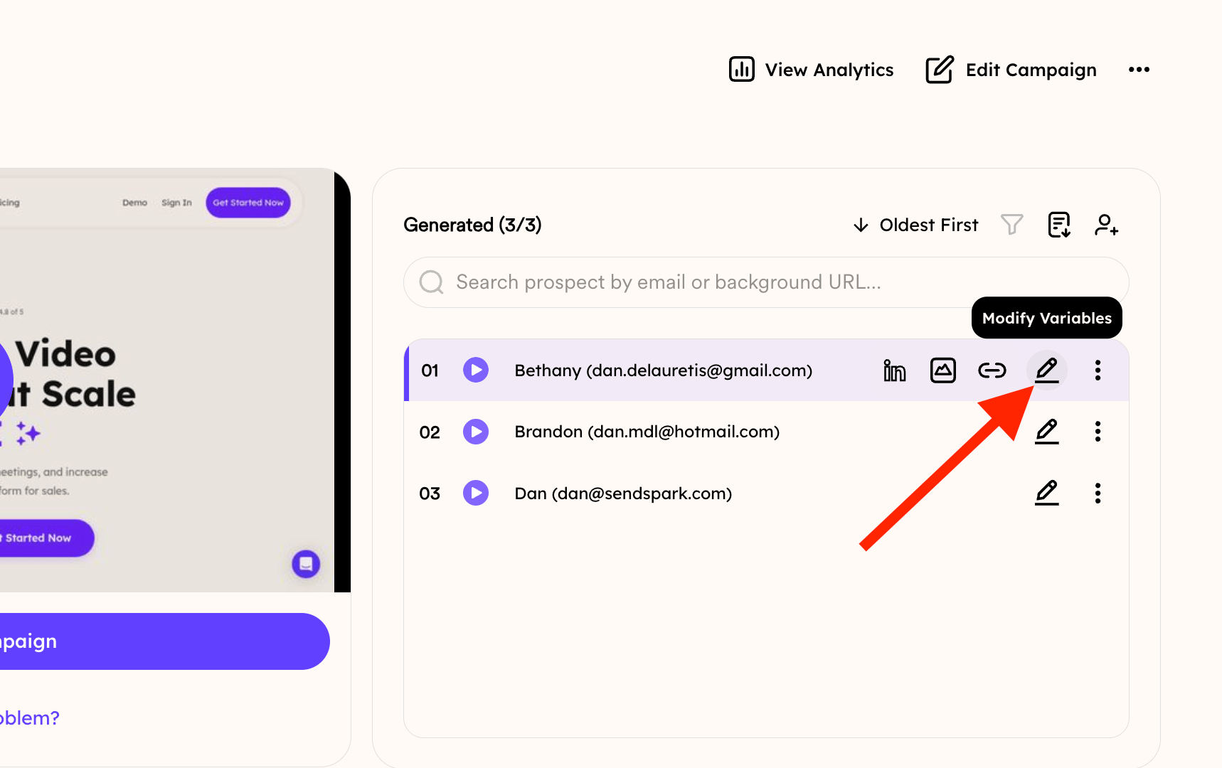 Sendspark interface with Modify Variable button highlighted for pronunciation editing