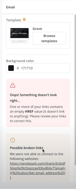ConvertKit link warning message