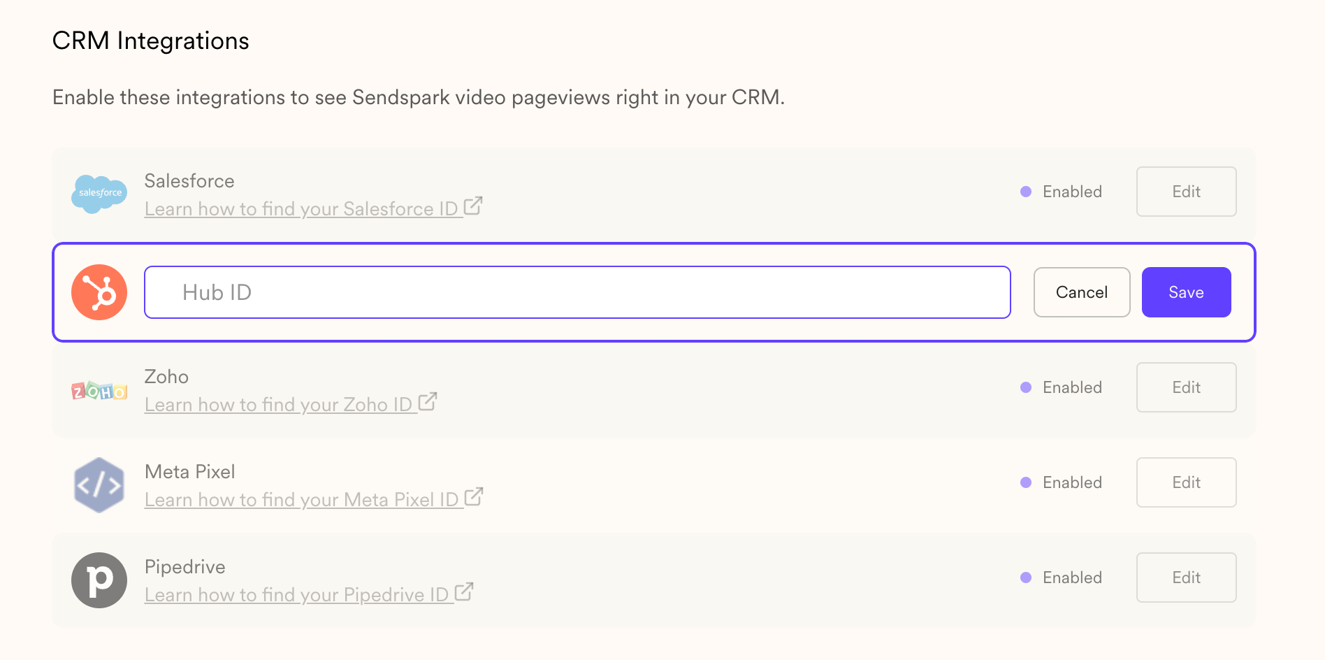 Sendspark integrations tab displaying CRM and analytics platform connection options