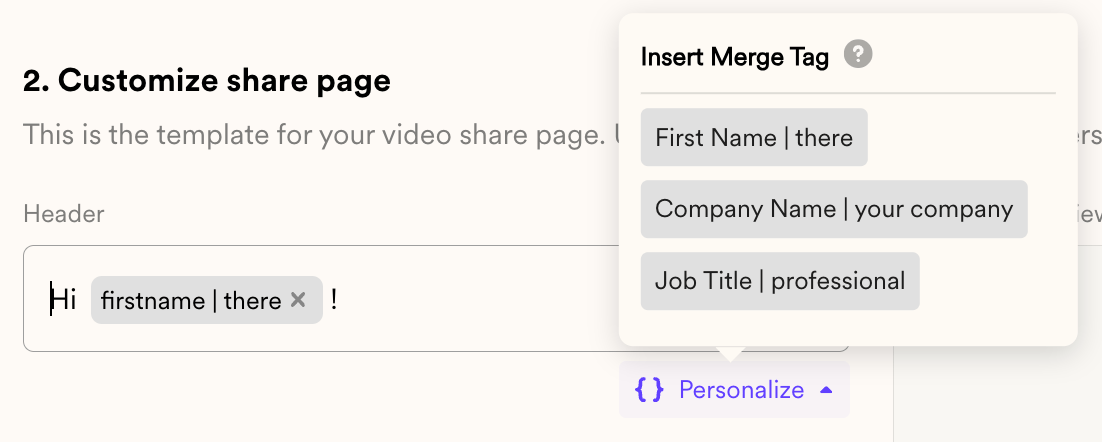 Personalize button interface for adding merge tags to video landing page content