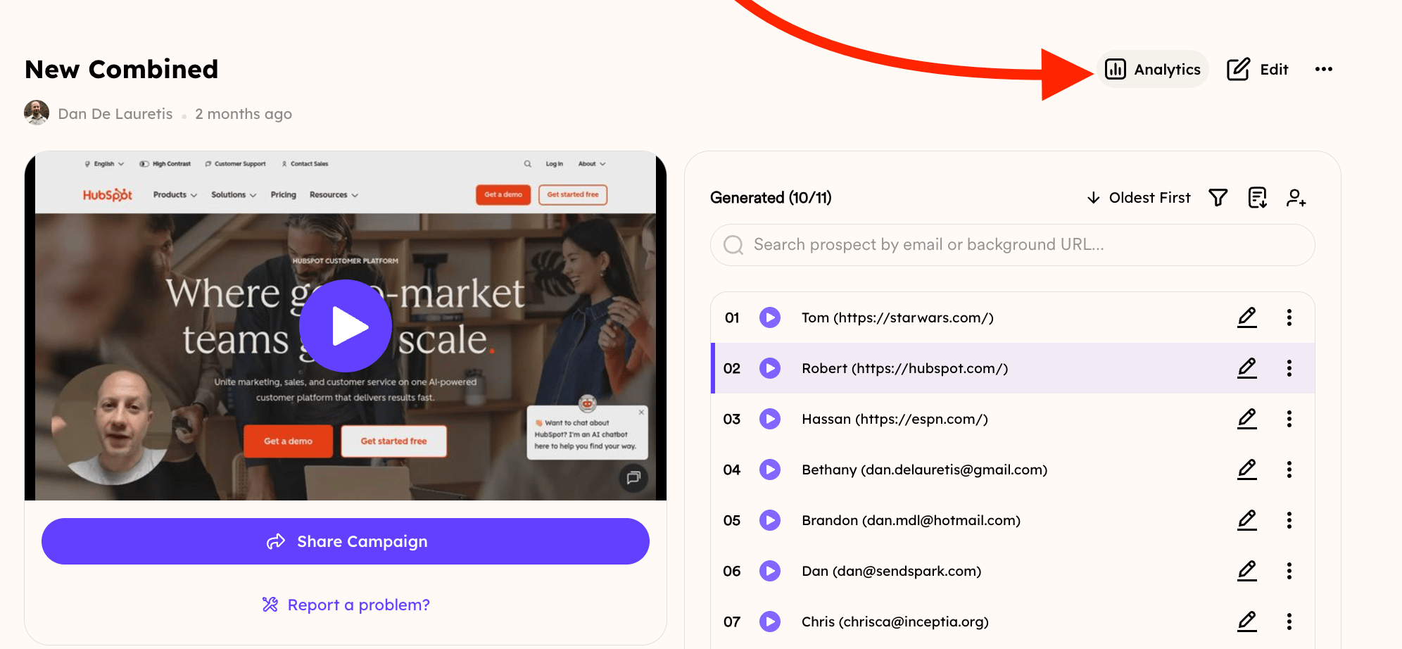Red arrow pointing to Analytics button in the campaign top right