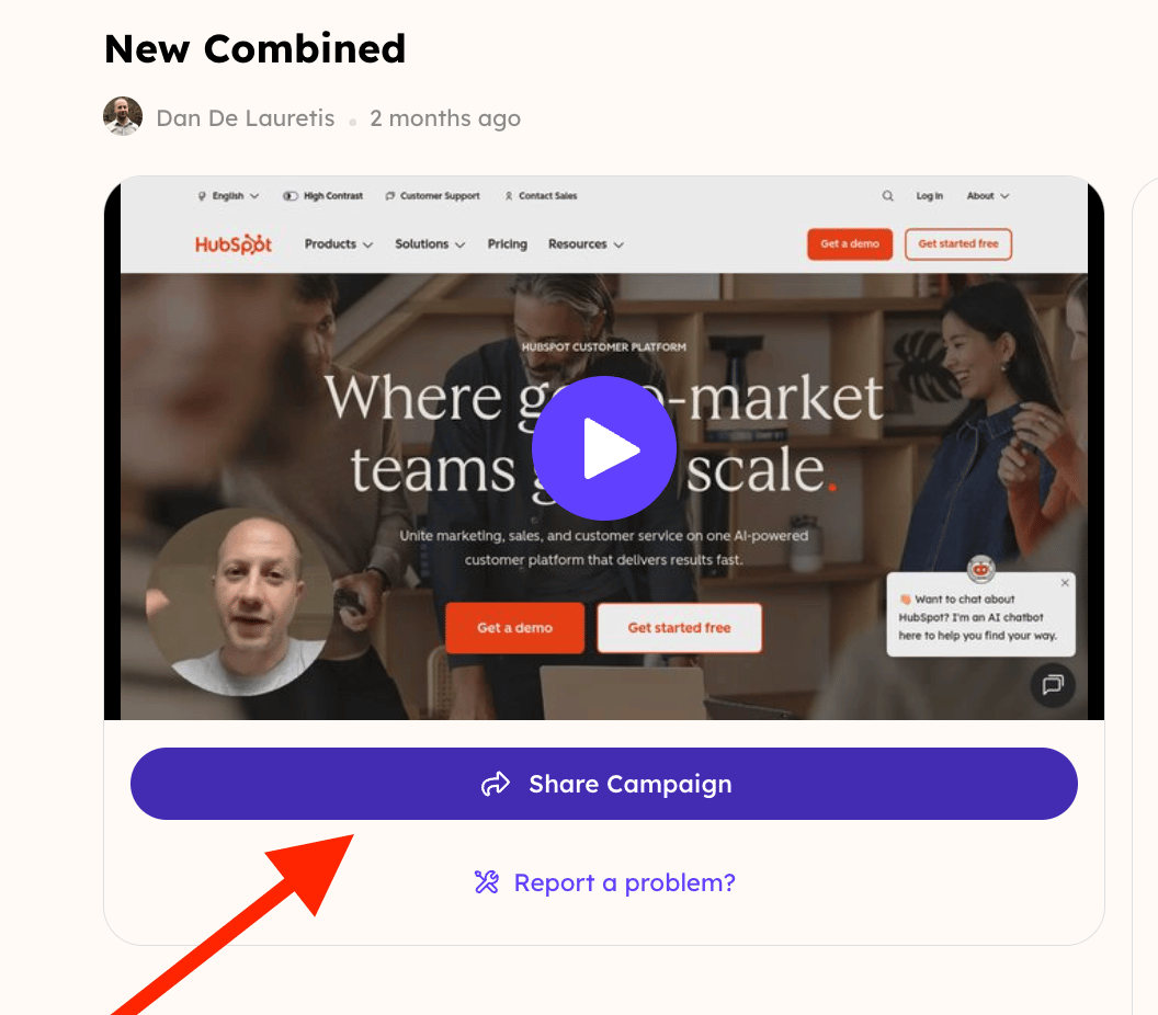 Red arrow pointing to Share Campaign button below the video preview