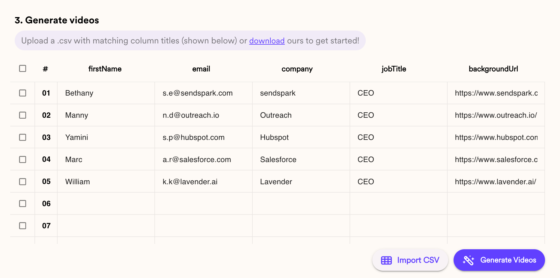 Contact upload section showing CSV import options and contact information mapping fields