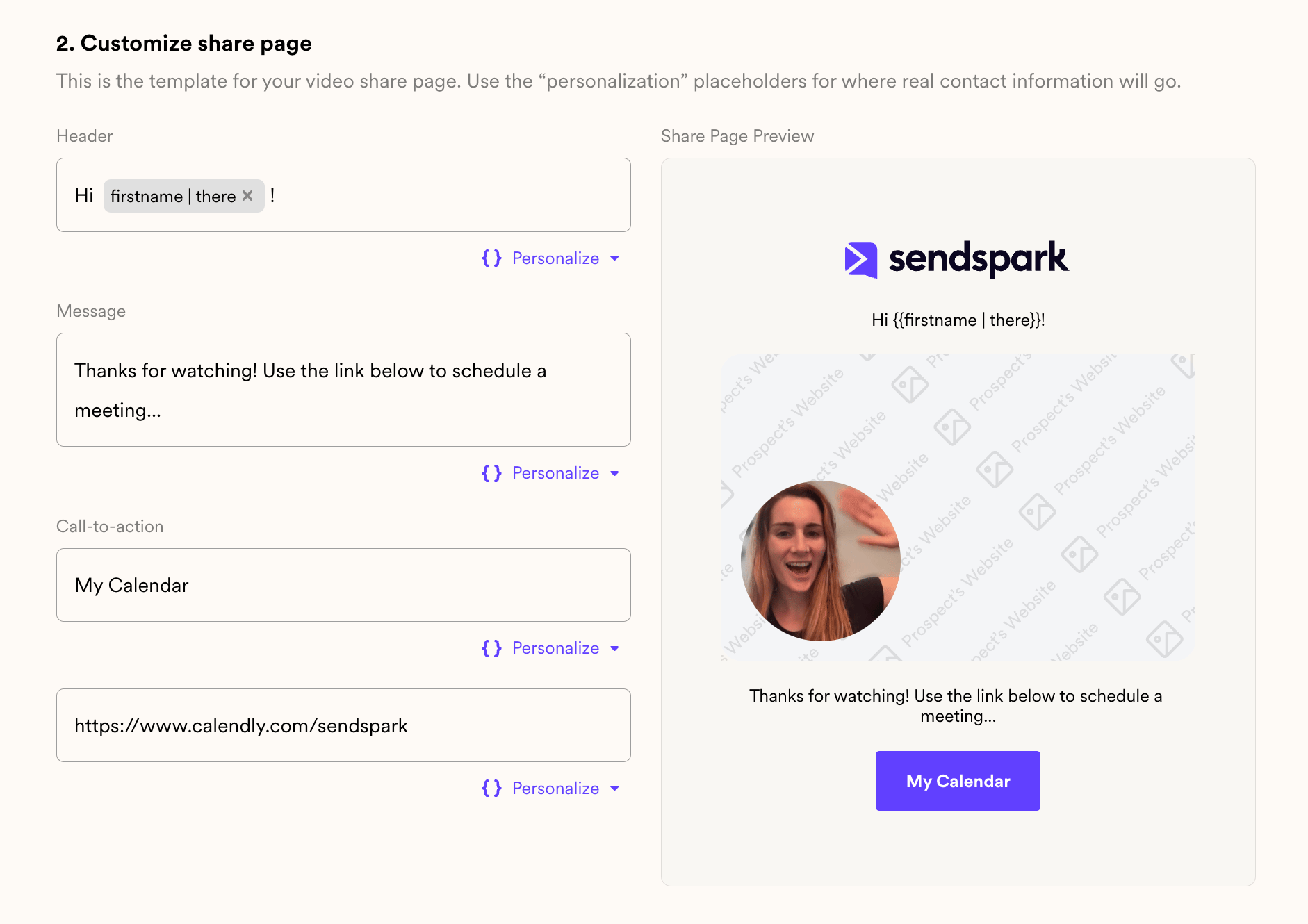 Dynamic video landing page customization editor with header message and call to action fields