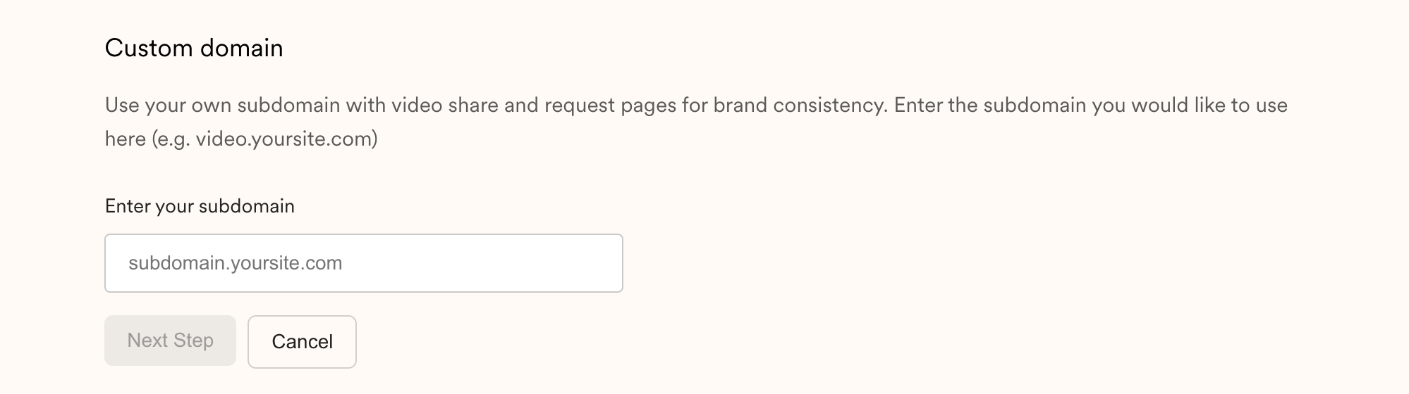 Custom domain configuration settings in Sendspark workspace integrations section