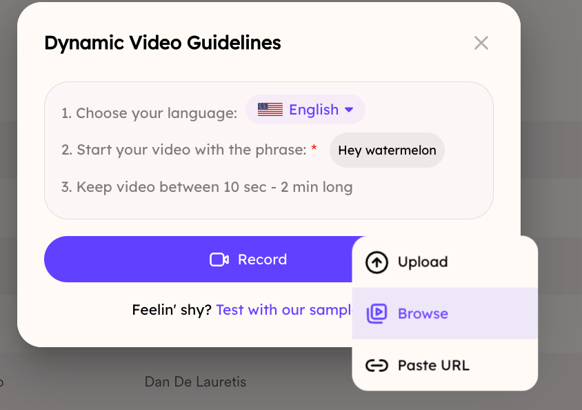 Dynamic Video Guidelines modal showing language phrase and Record Upload Browse options