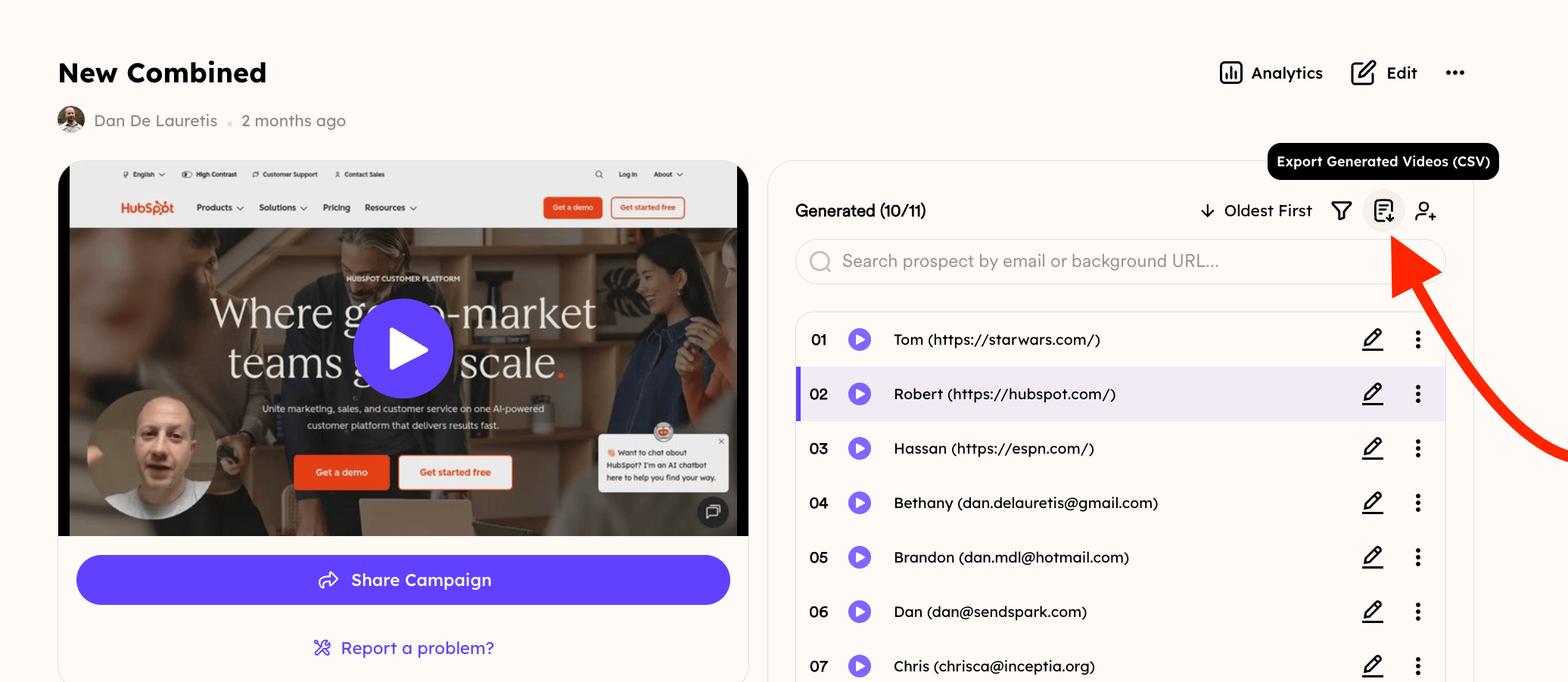 Arrow pointing to Export Generated Videos CSV icon above the prospect list