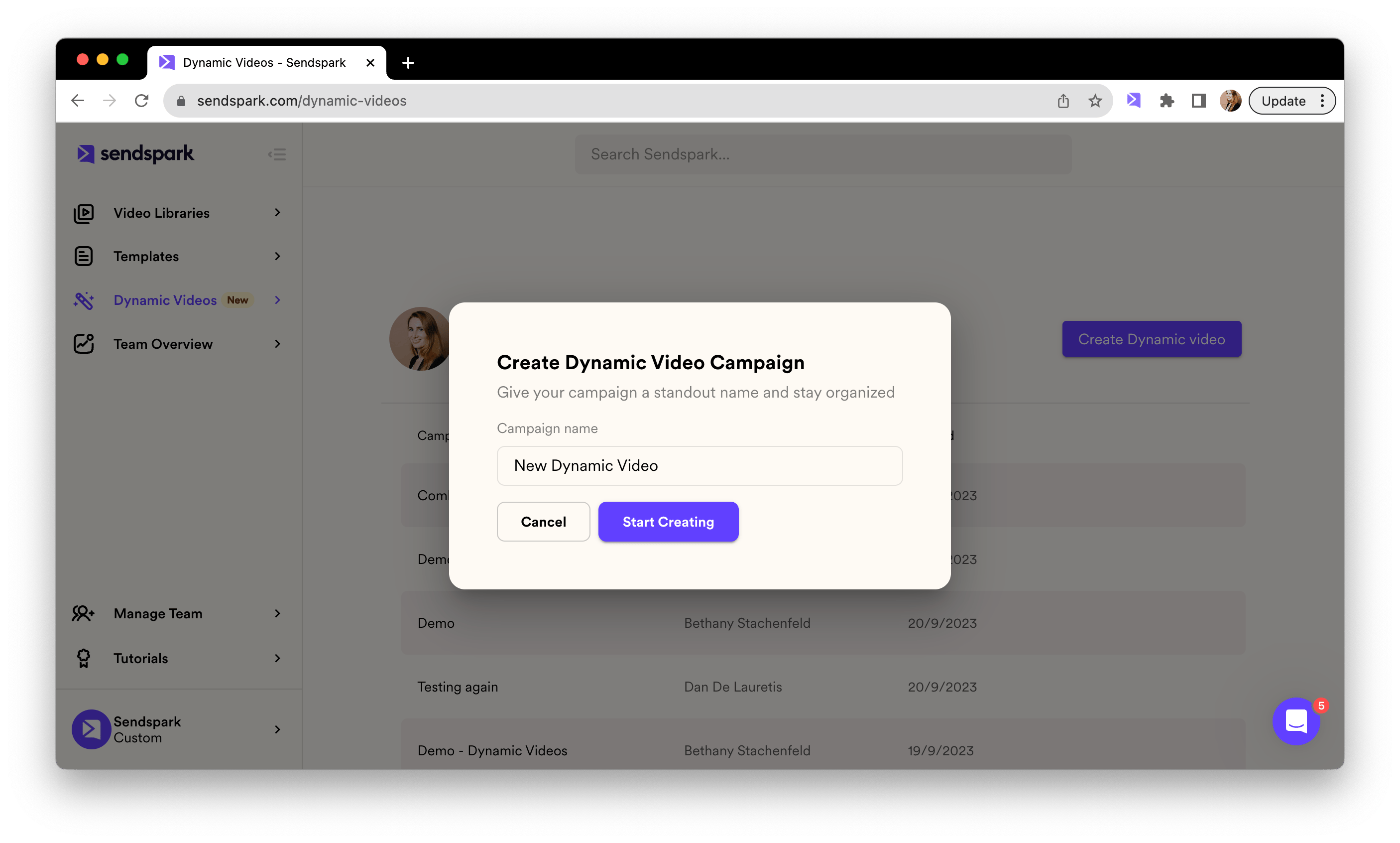 Create Dynamic Video dialog with campaign name input field and Start Creating button