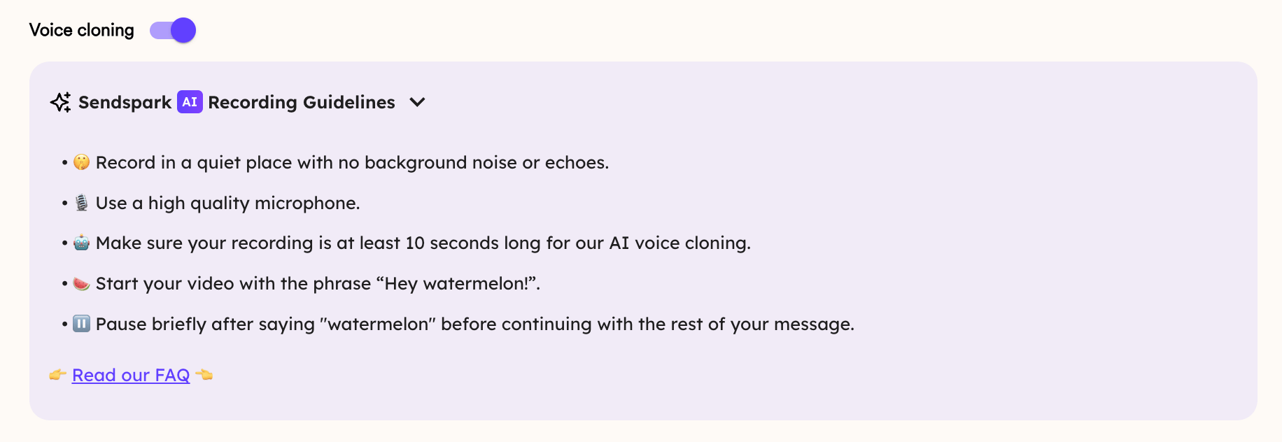 AI voice cloning recommendations displayed with quality specifications and settings
