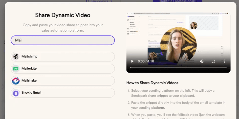 Sendspark share options menu showing Mailshake integration option