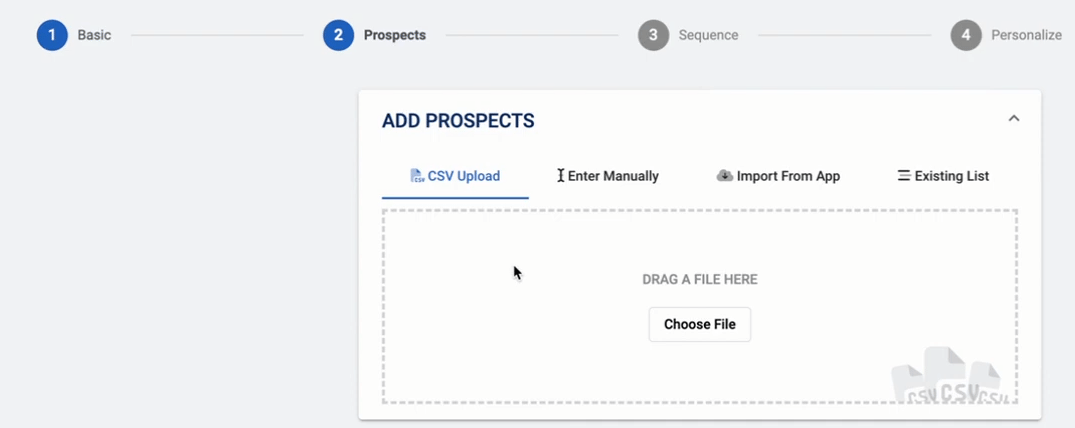 Mailshake campaign creation screen with prospect upload section