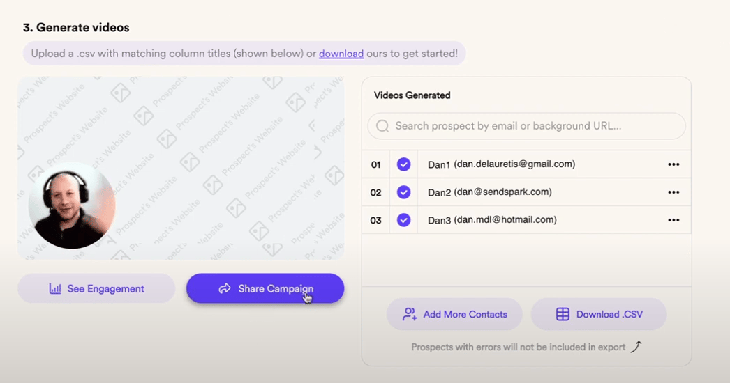 Sendspark campaign dashboard with Share Campaign button highlighted