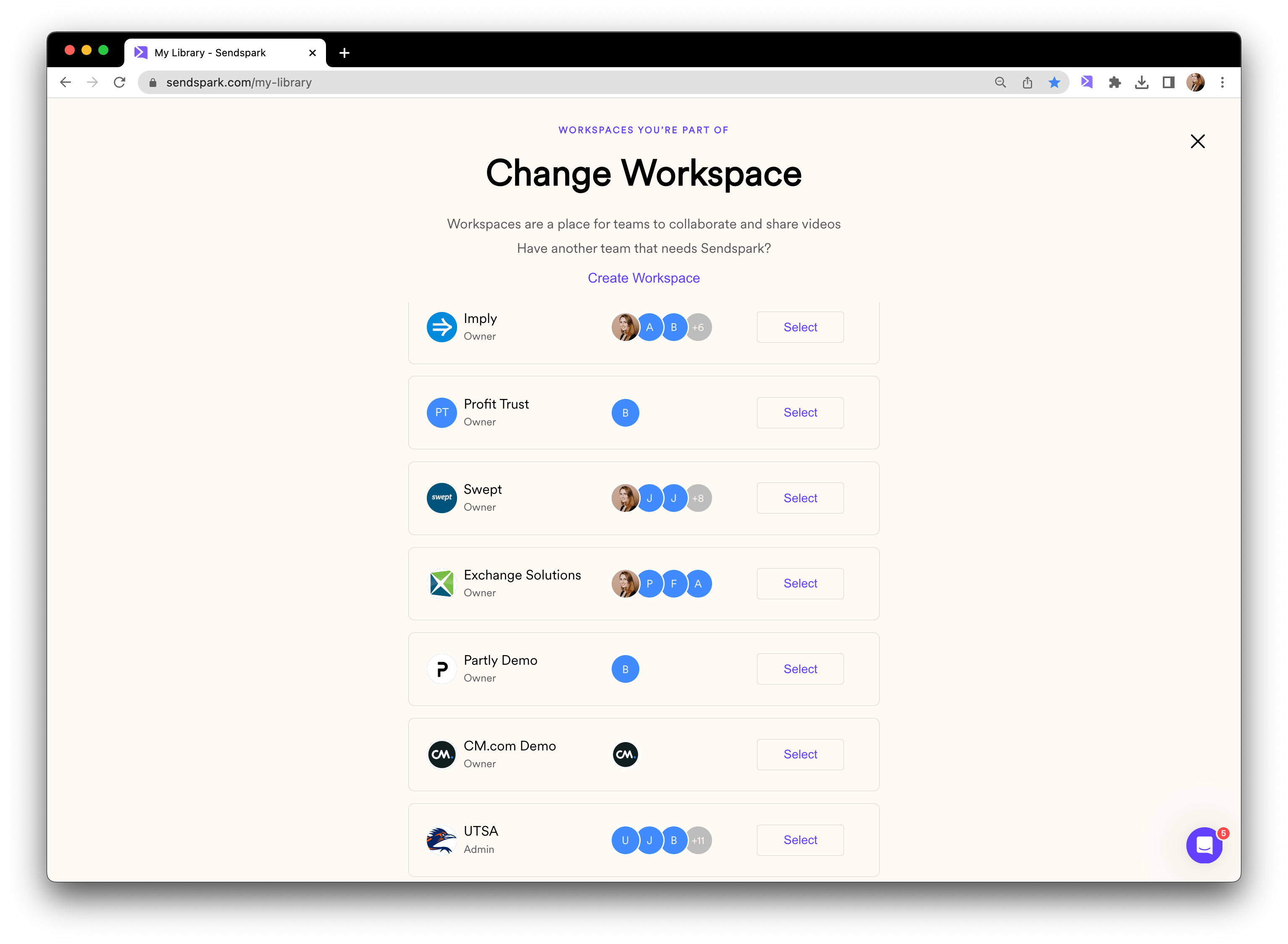 Sendspark workspace switcher showing multiple independent client workspaces and settings