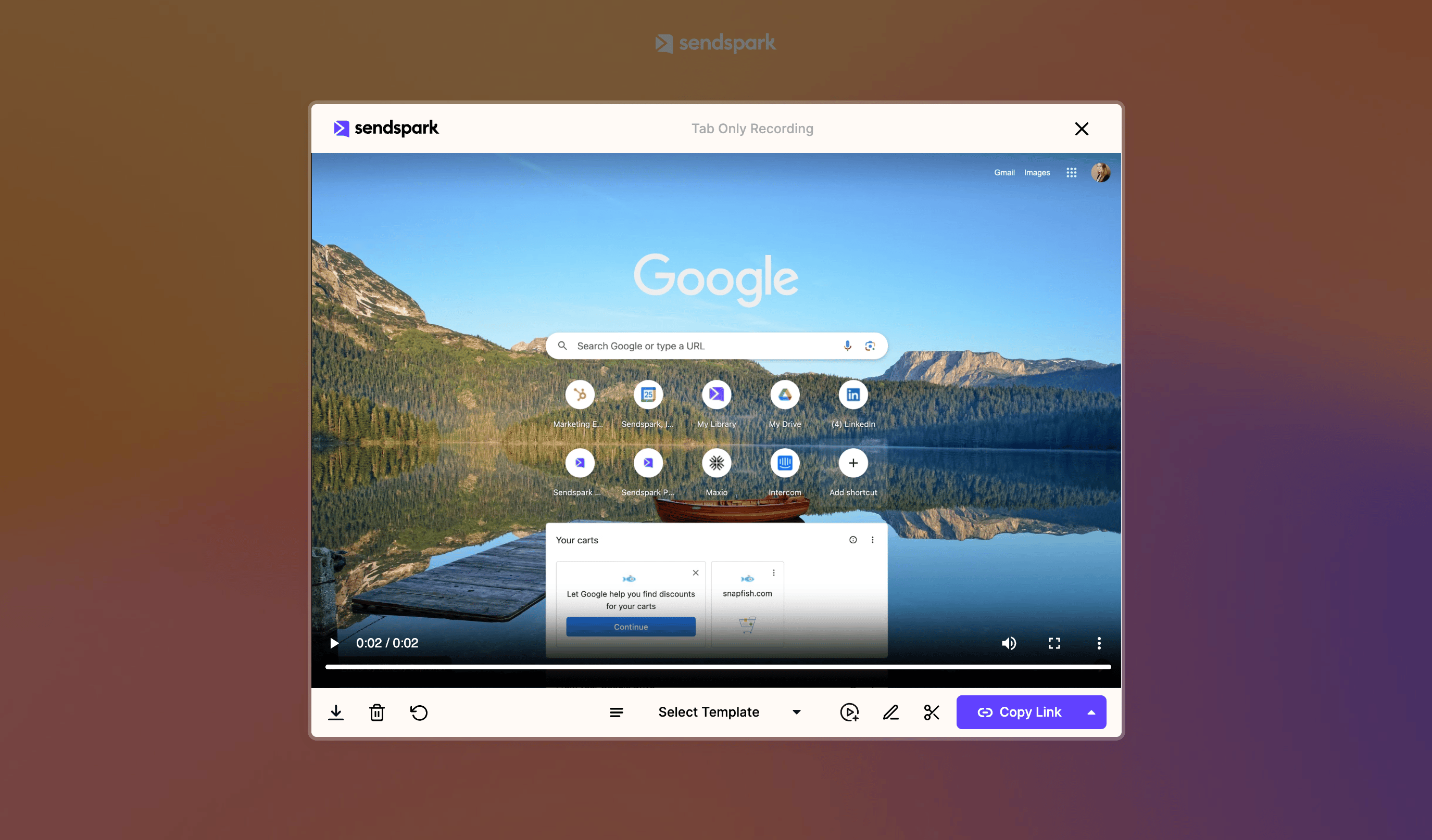 Sendspark video preview showing webpage content without Chrome bookmarks bar visible