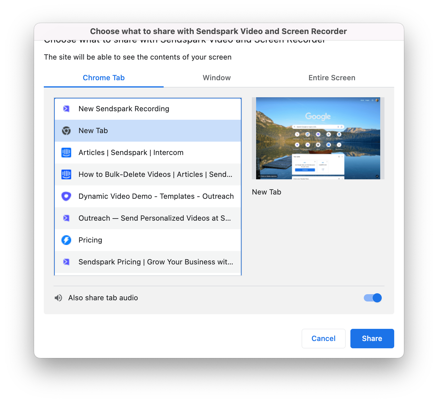 Sendspark recording modal with Chrome Tab option selected for screen sharing