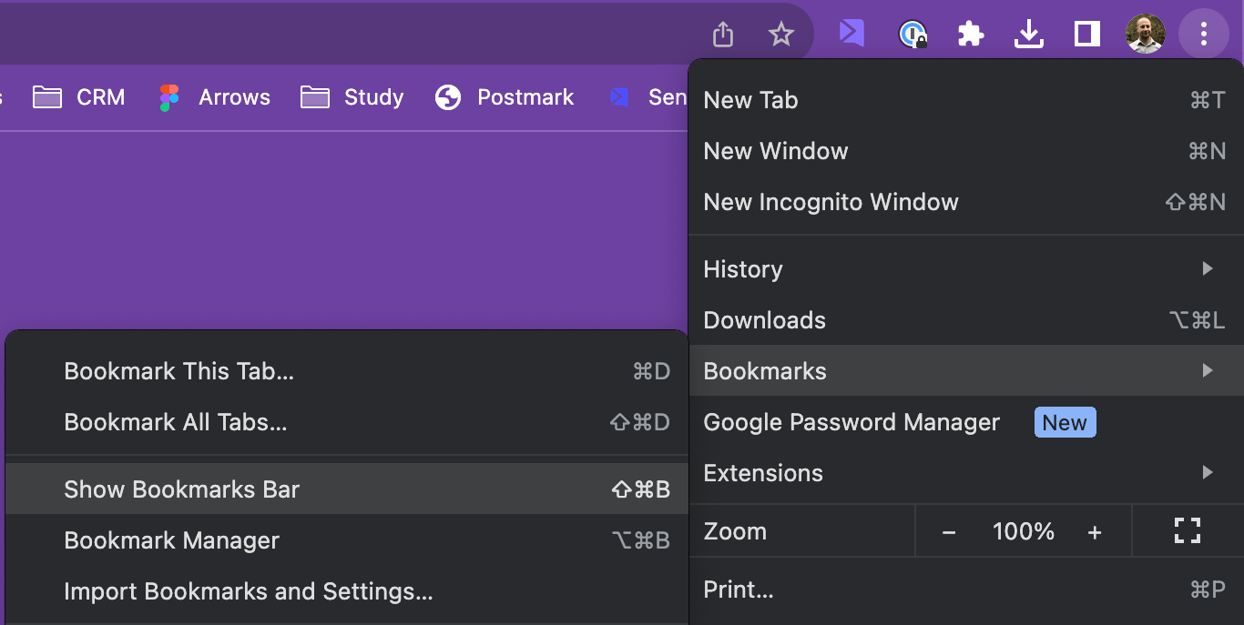 Chrome menu showing Bookmarks option with Show Bookmarks Bar checkbox unchecked
