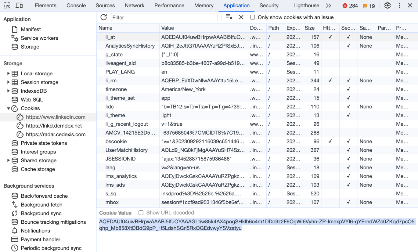 Chrome Developer Tools Application tab displaying Cookies section with li_at value