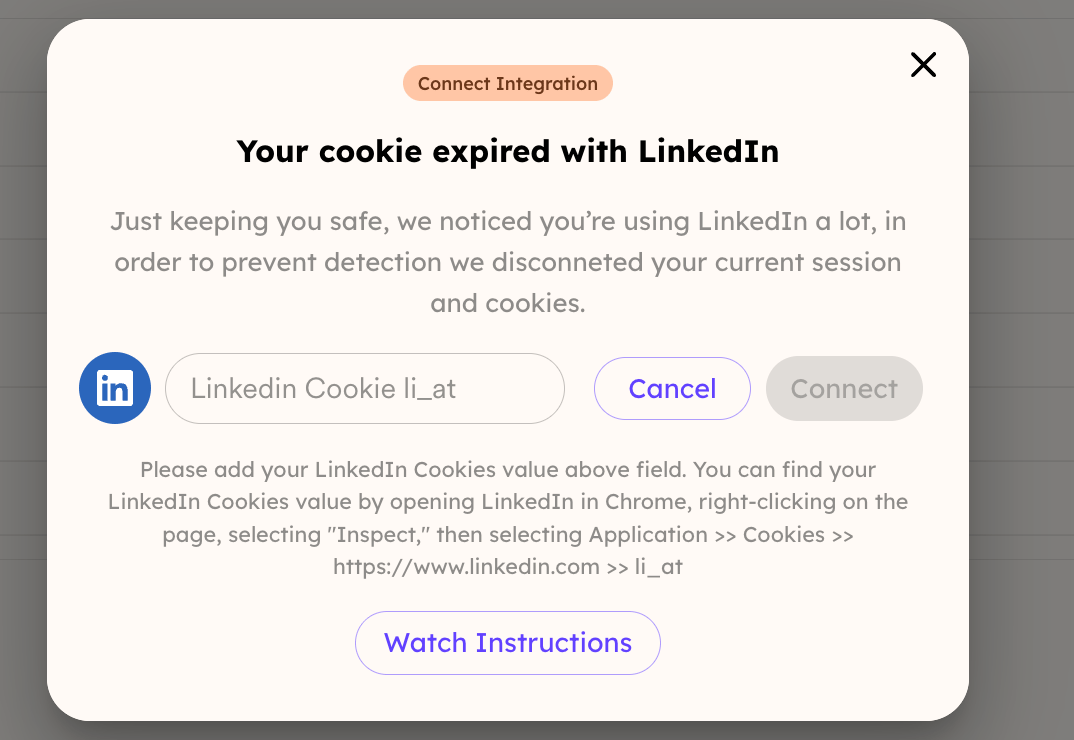 LinkedIn connection popup window with Connect button and credential input field
