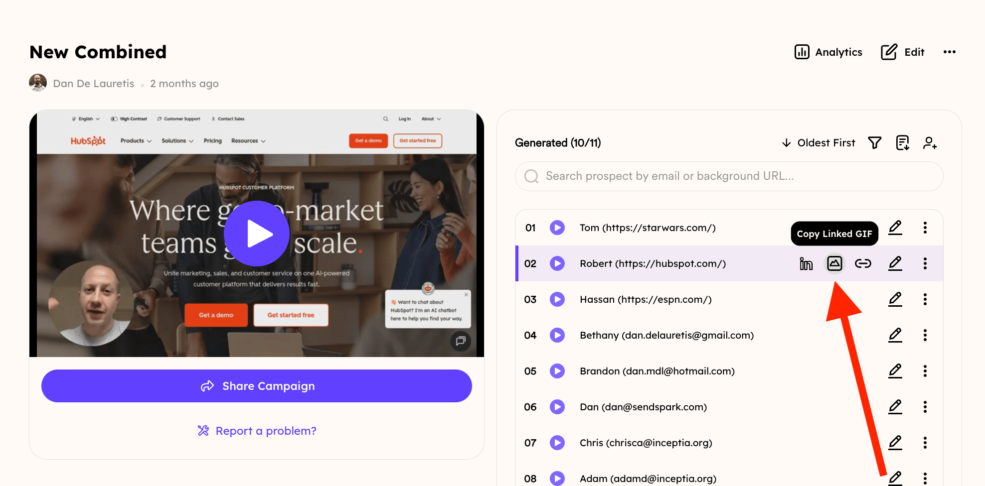 Share icons on a hovered prospect row with Copy Linked GIF tooltip