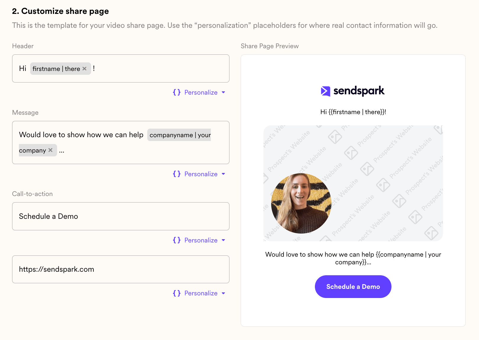 Video share page customization editor with preview panel on right side