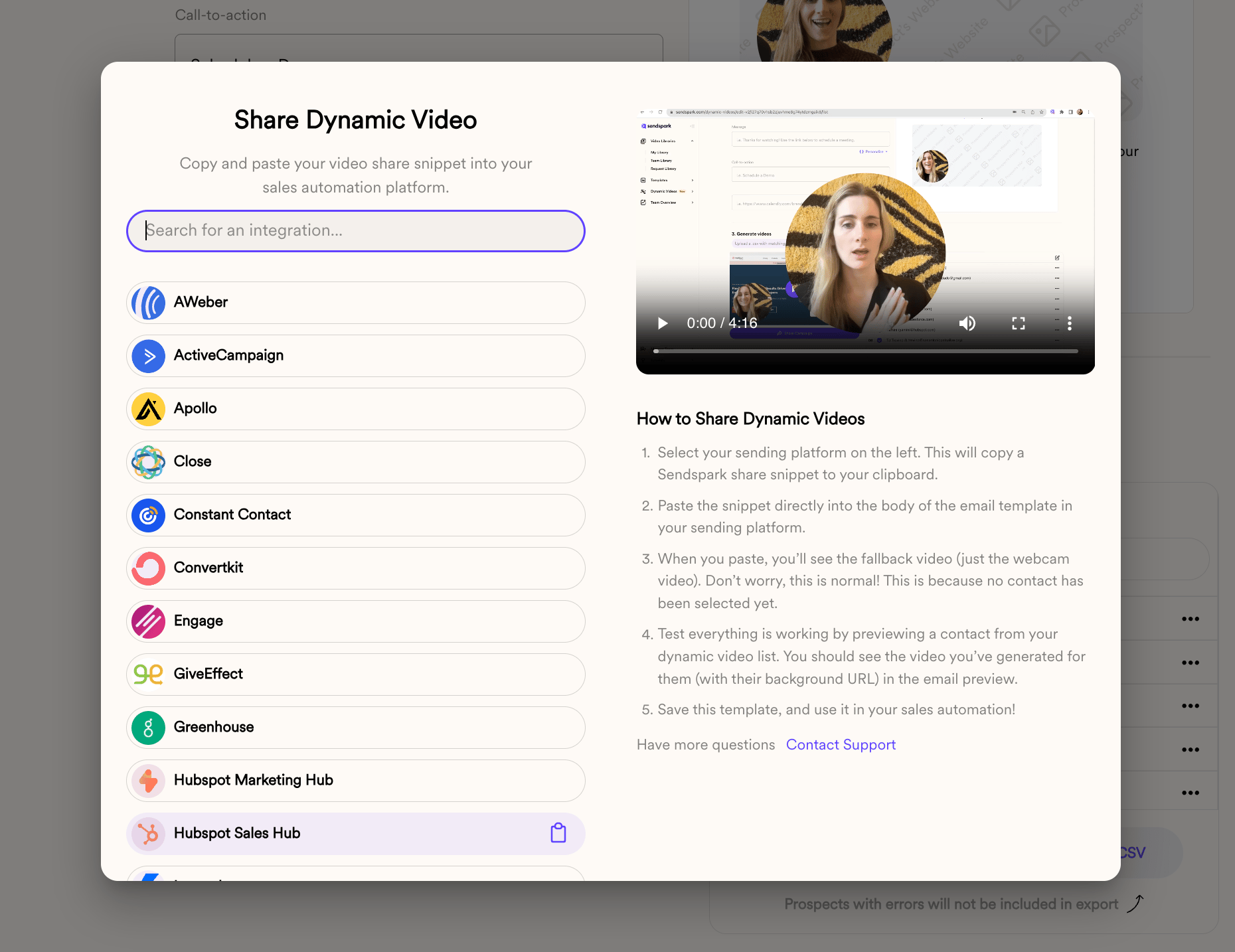 Share Campaign button with email platform integration selection options