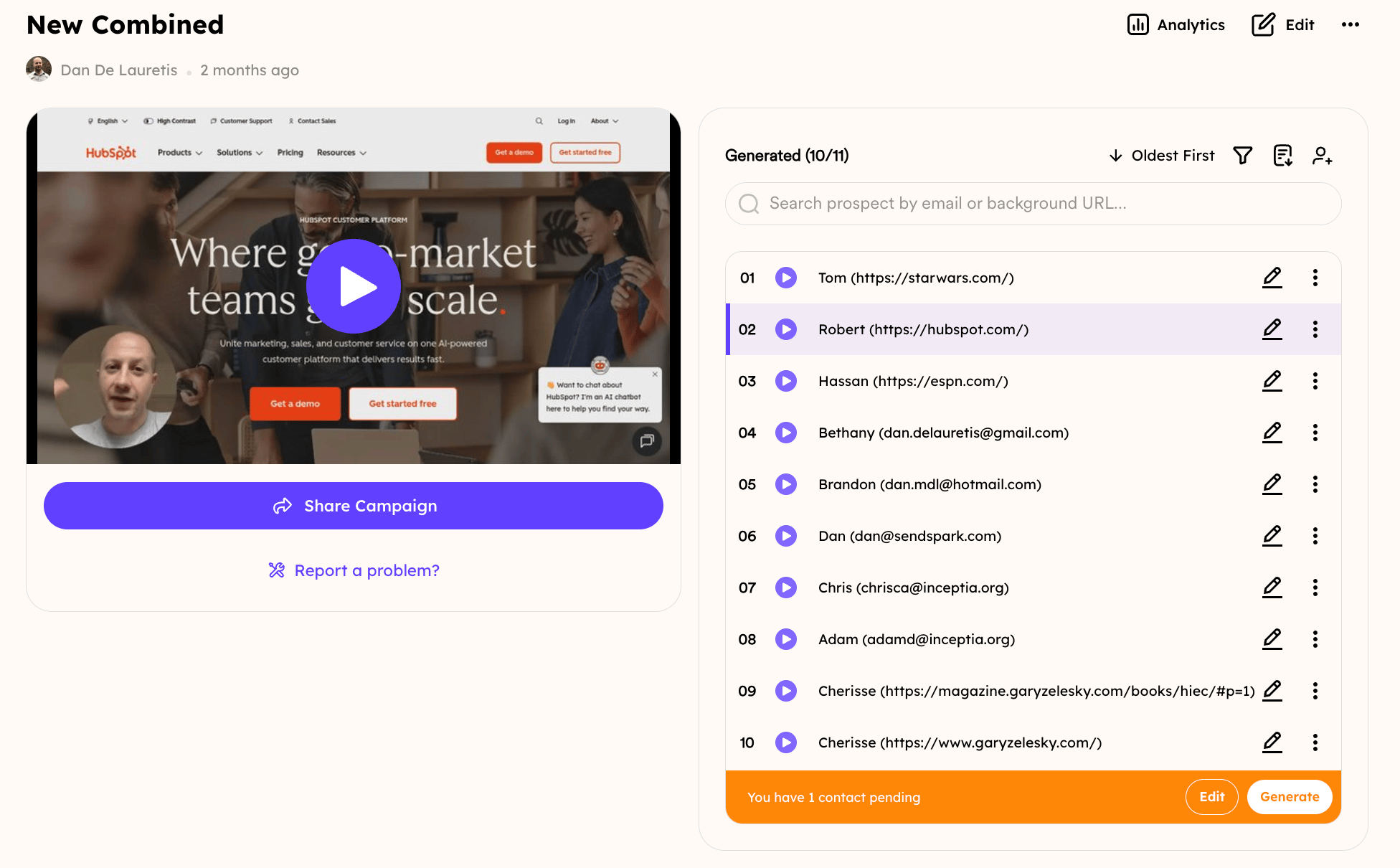 Generated videos list of prospects beside a video preview panel