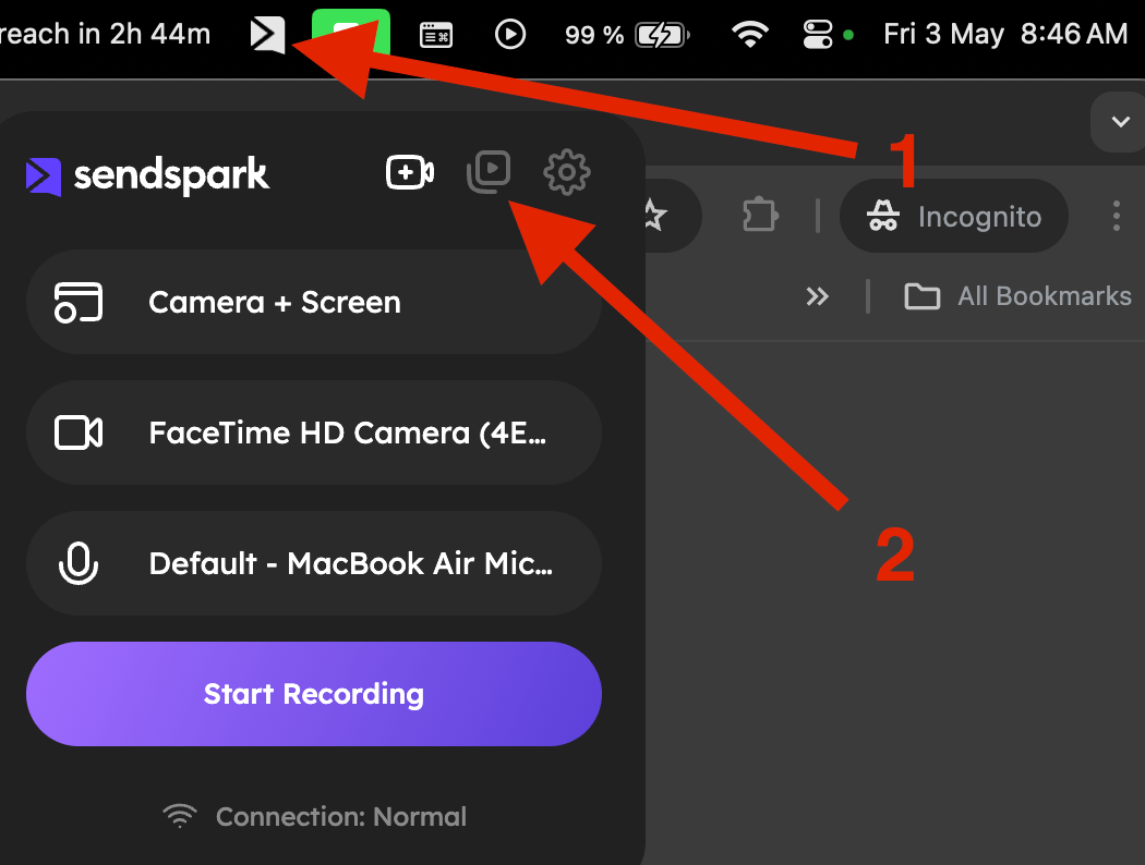 Sendspark Desktop App interface with middle play icon button highlighted