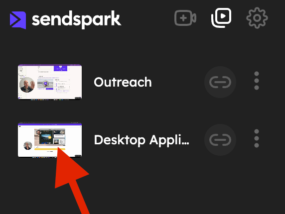 Desktop App video library showing thumbnail of recorded video to retrieve