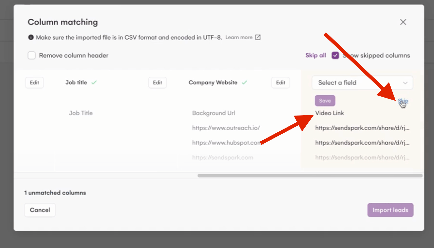 Column mapping interface for CSV import with VIDEO LINK field option