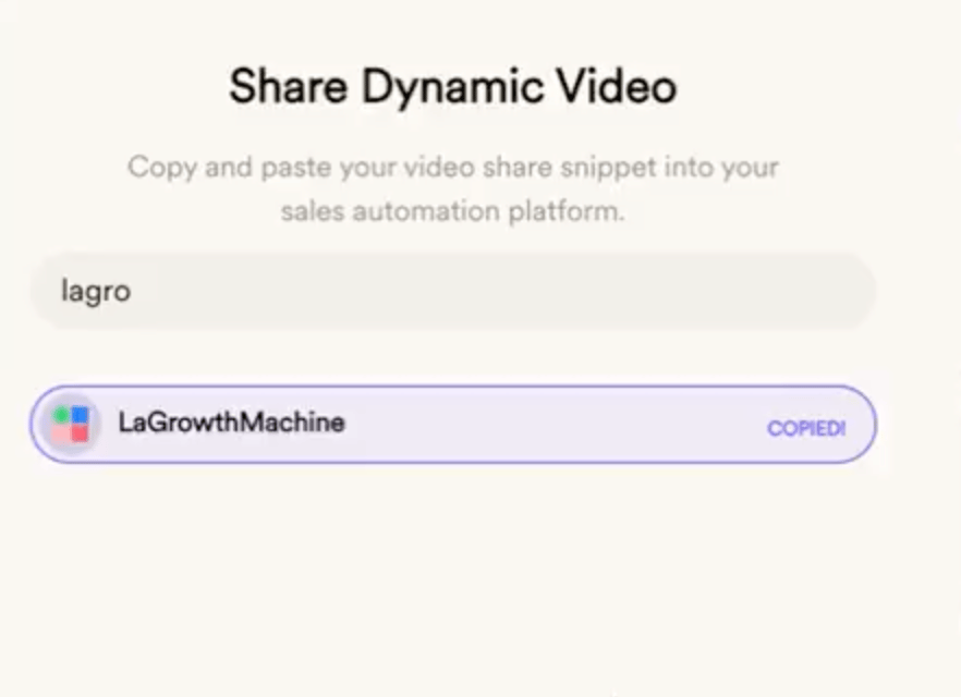 Snippet code copied from Sendspark Dynamic Video campaign