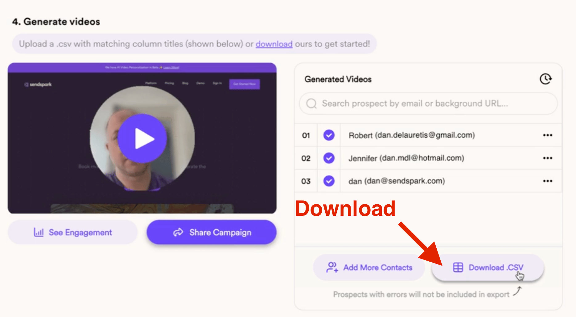 Sendspark interface with CSV download button for Dynamic Video campaign