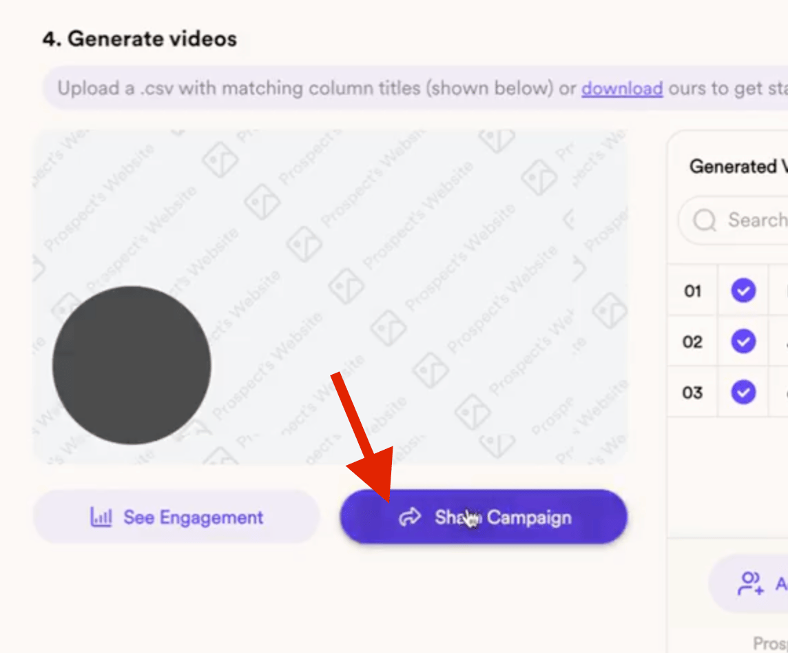 Sendspark Dynamic Video campaign Share Campaign button location