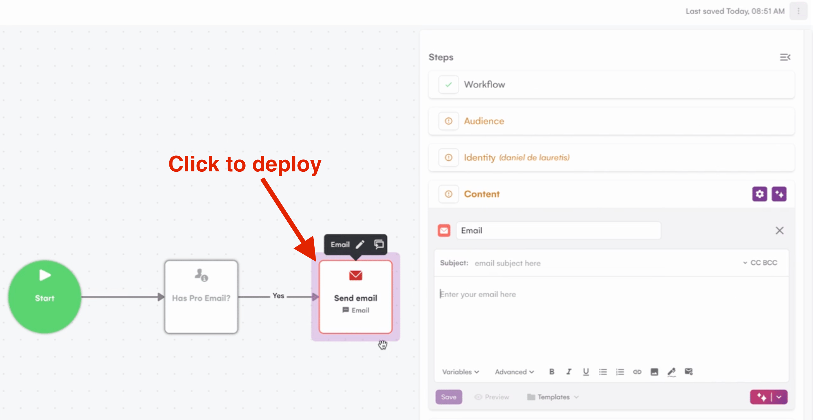 LGM campaign steps page with email option to deploy side panel